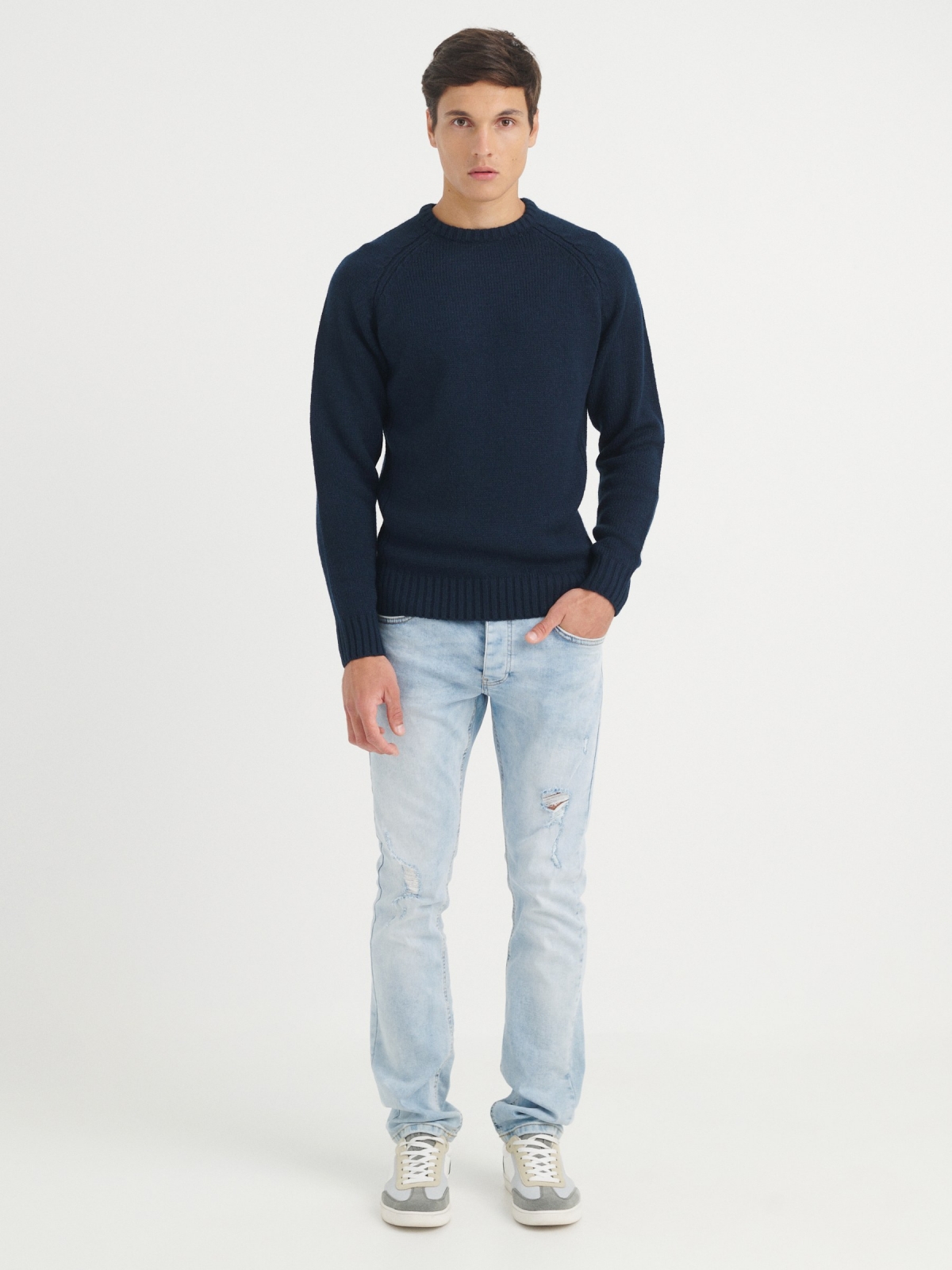 Basic knitted sweater navy front view