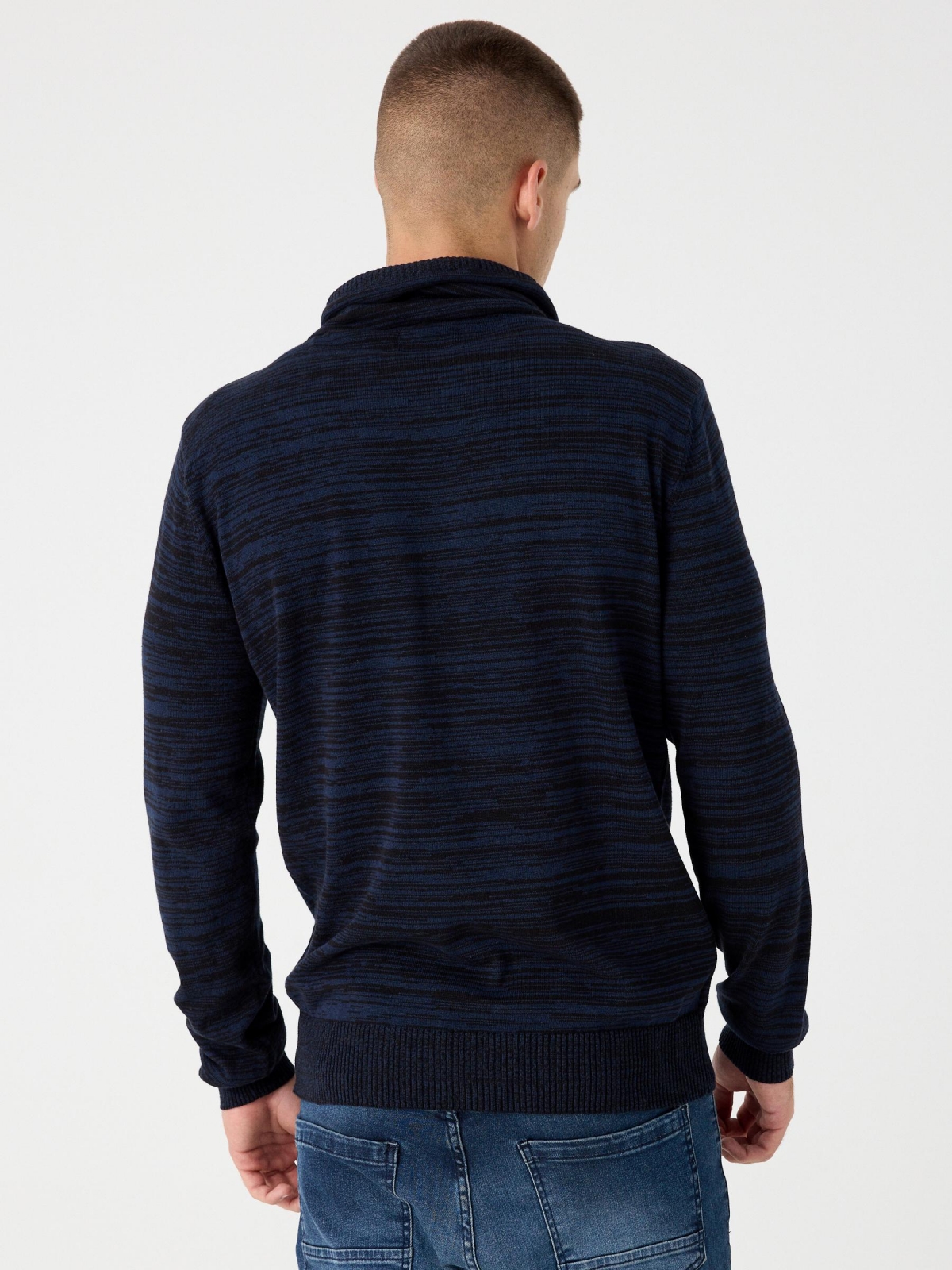 Fleece turtleneck sweater blue middle back view
