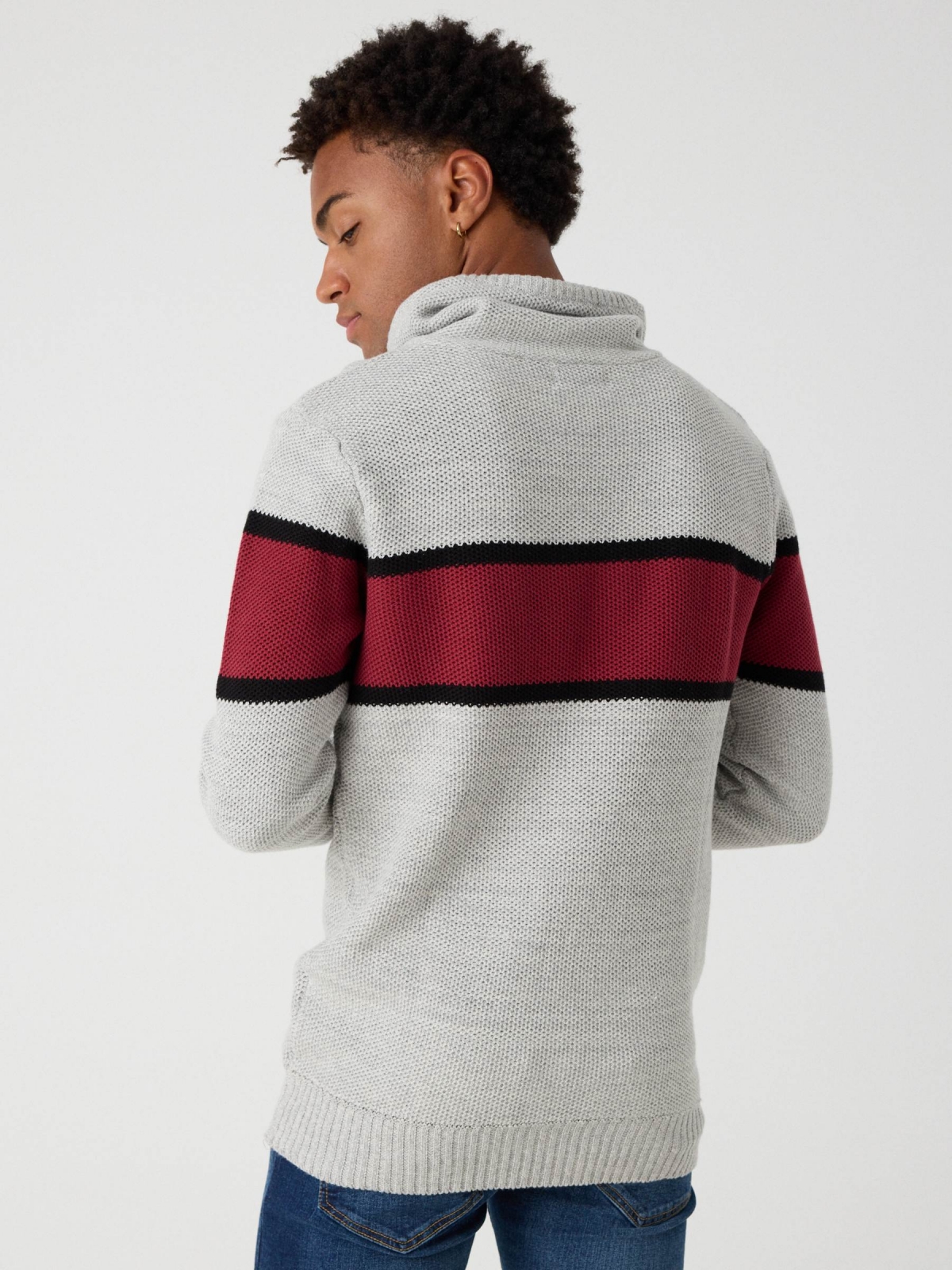 Striped sweater with hood light grey middle back view