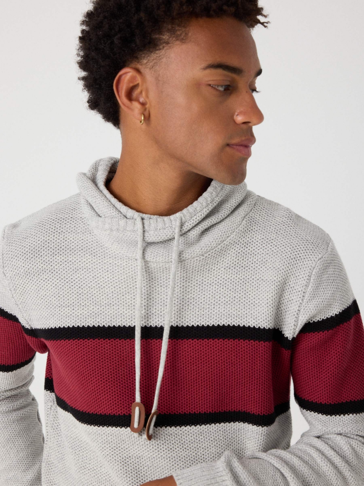 Striped sweater with hood light grey detail view