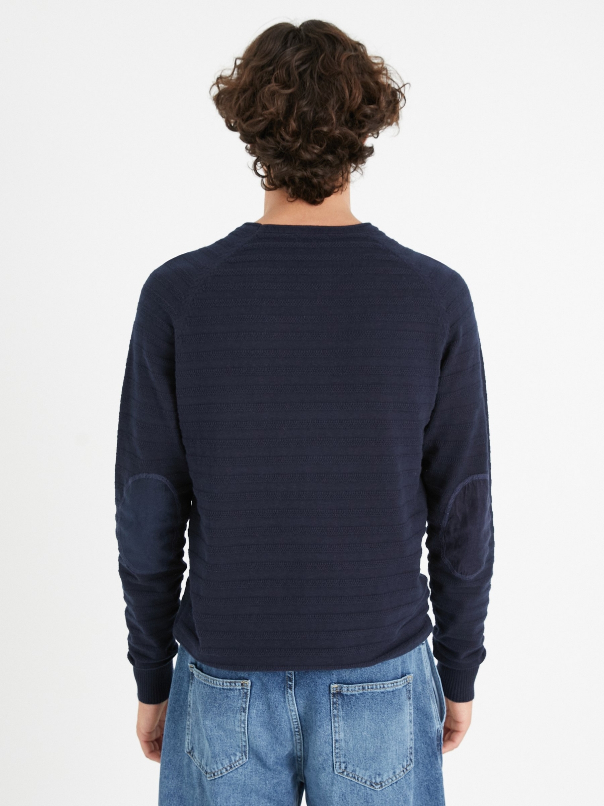 Striped shirting with elbow patches blue middle back view