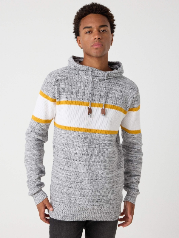 Striped sweater with hood grey middle front view