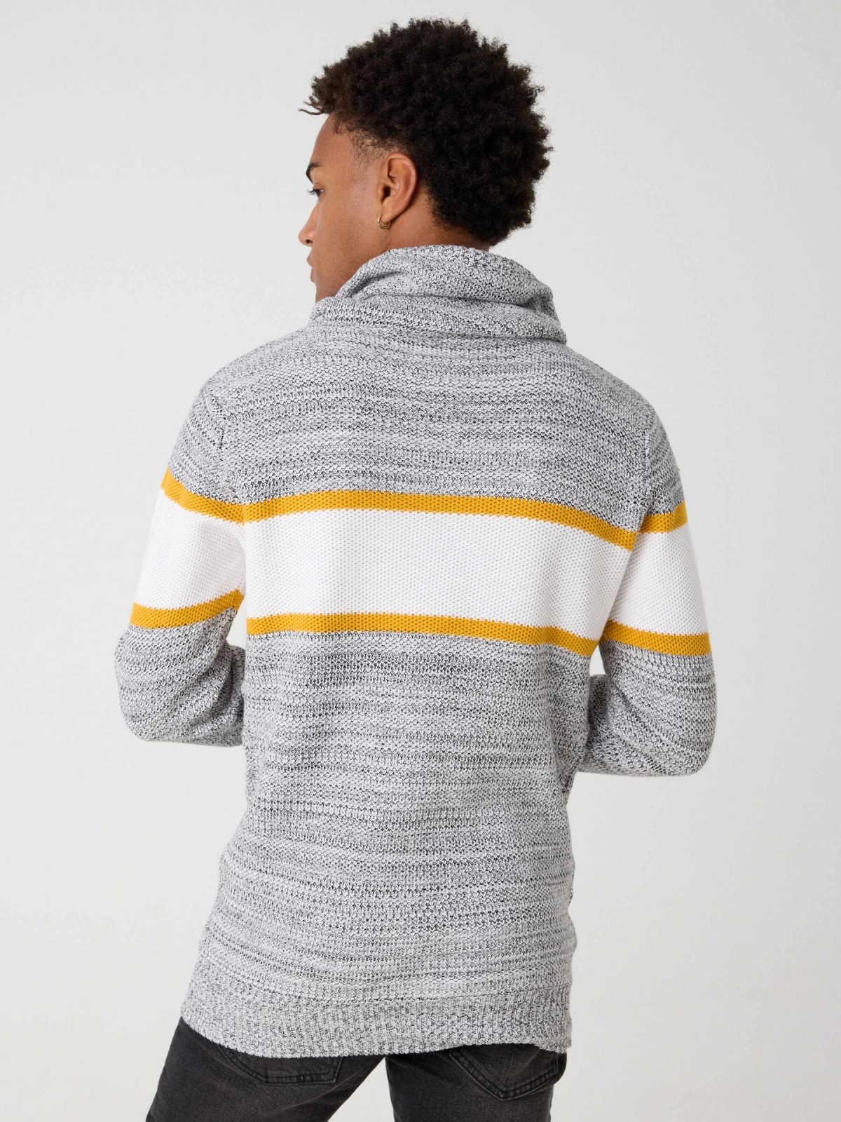 Striped sweater with hood grey middle back view