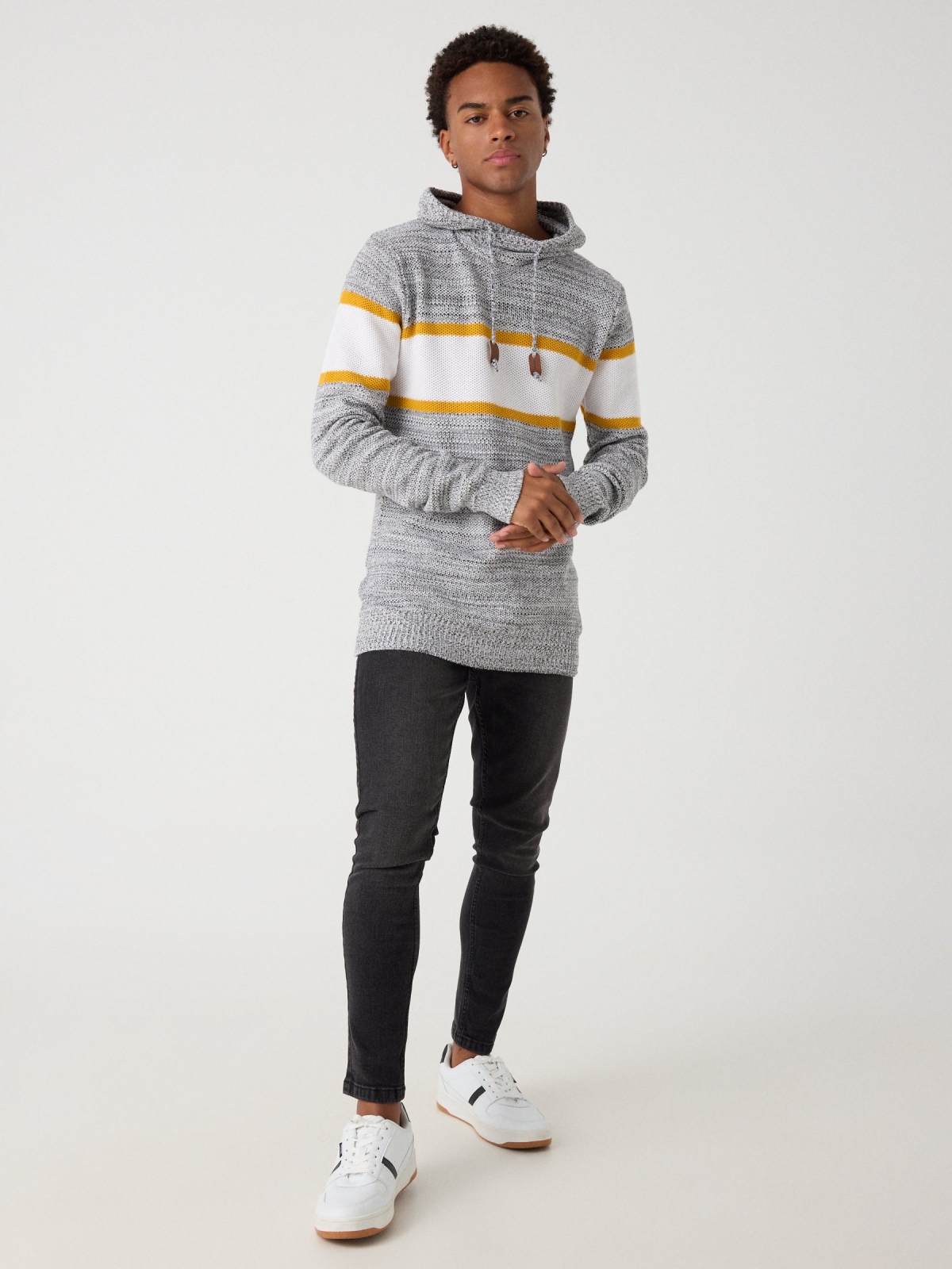 Striped sweater with hood grey front view