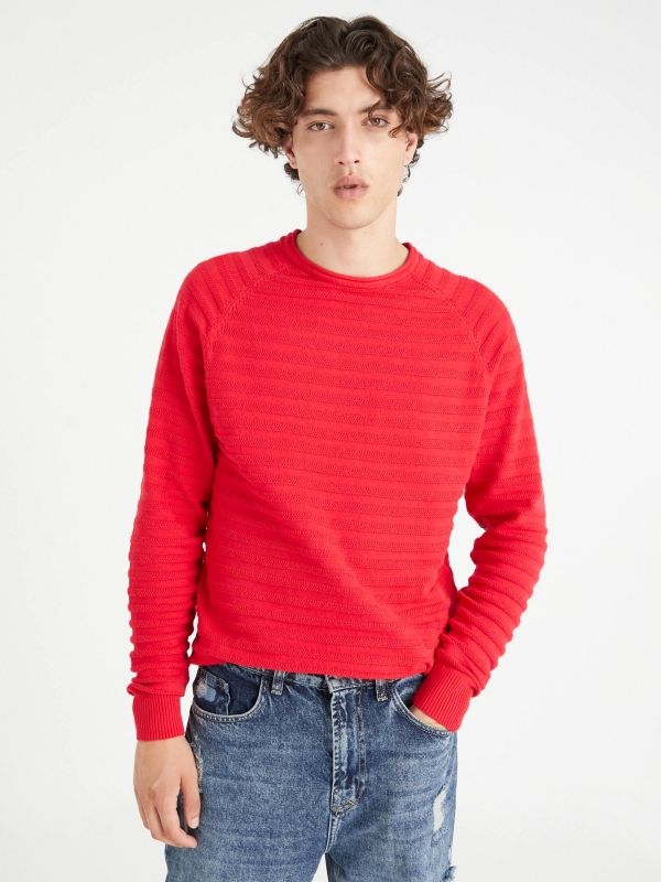 Striped shirting with elbow patches red middle front view