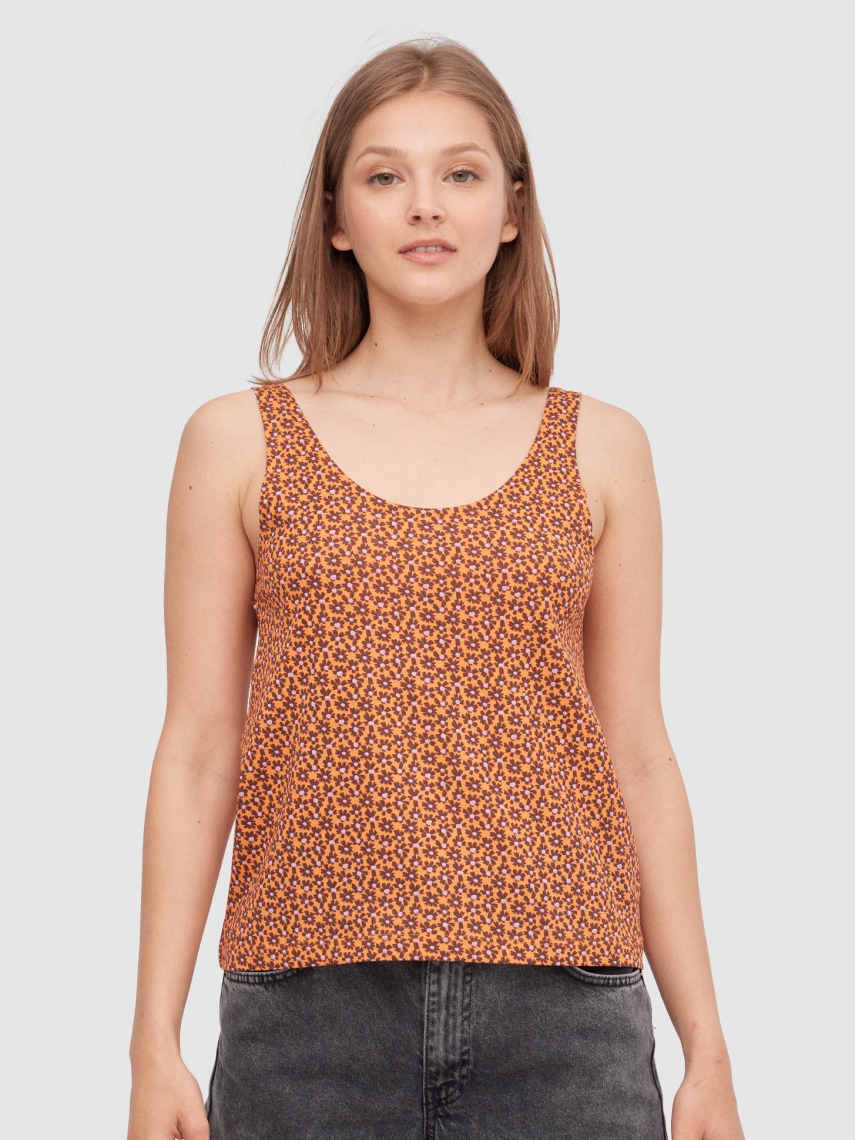 Floral tank top salmon middle front view