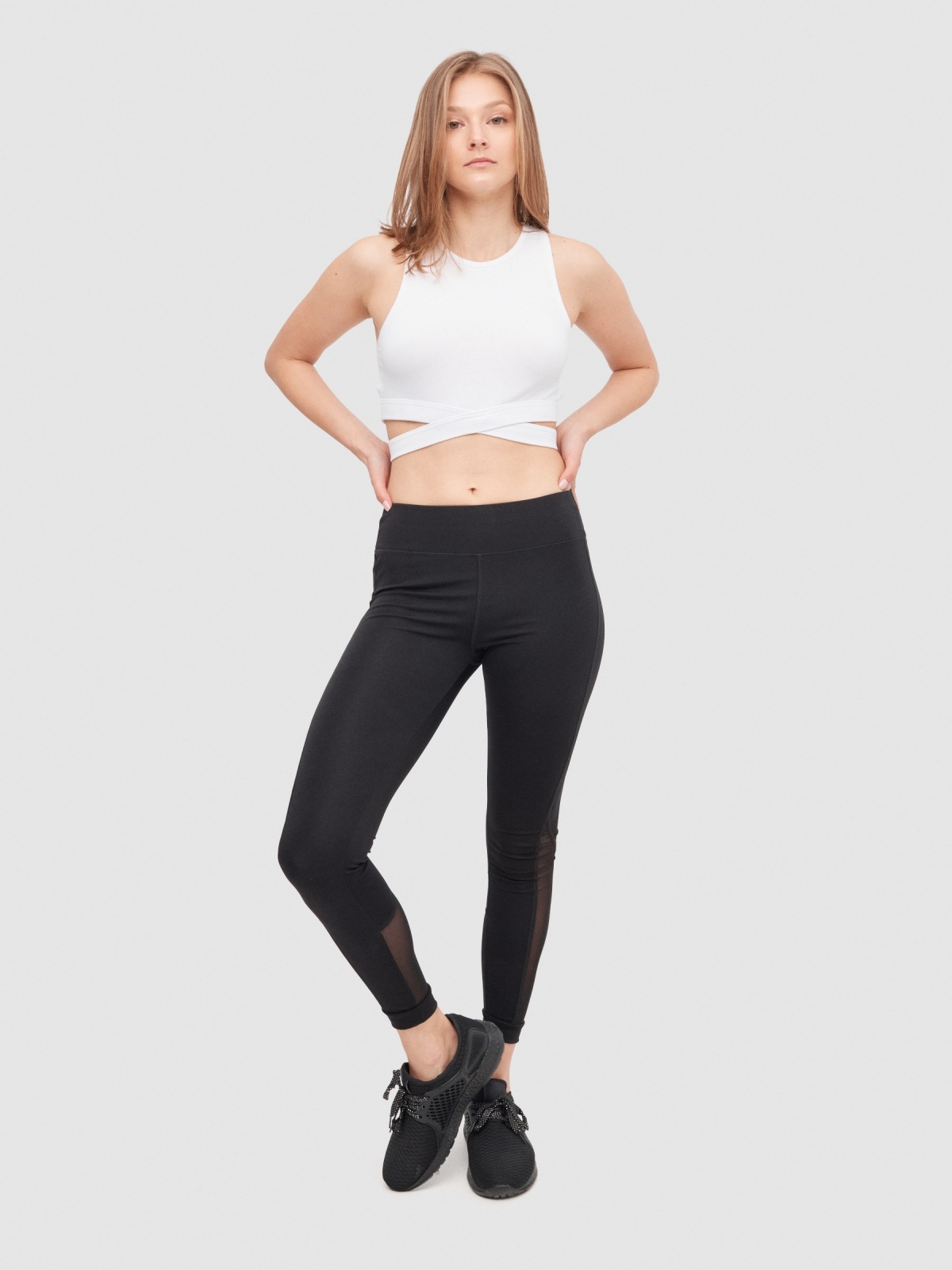 Leggings with mesh parts black front view
