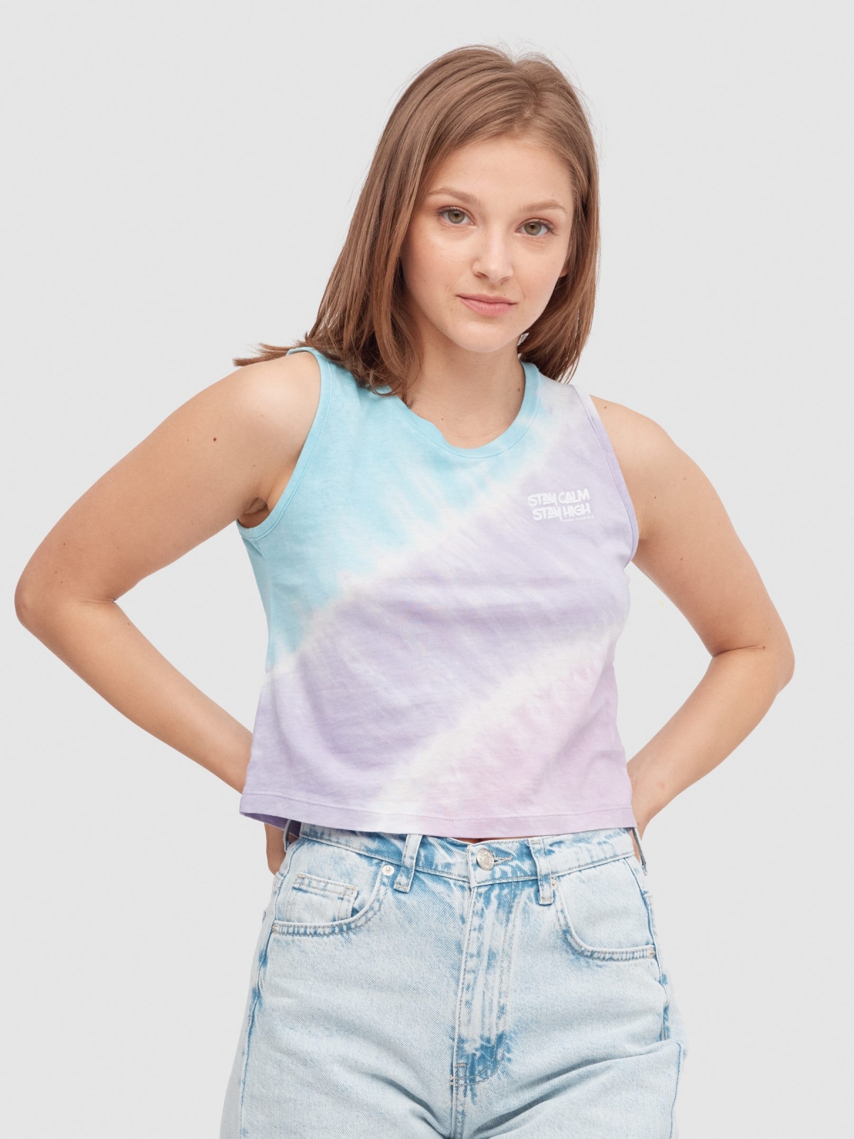 T-shirt sem mangas com efeito tie dye multicolorido vista meia frontal