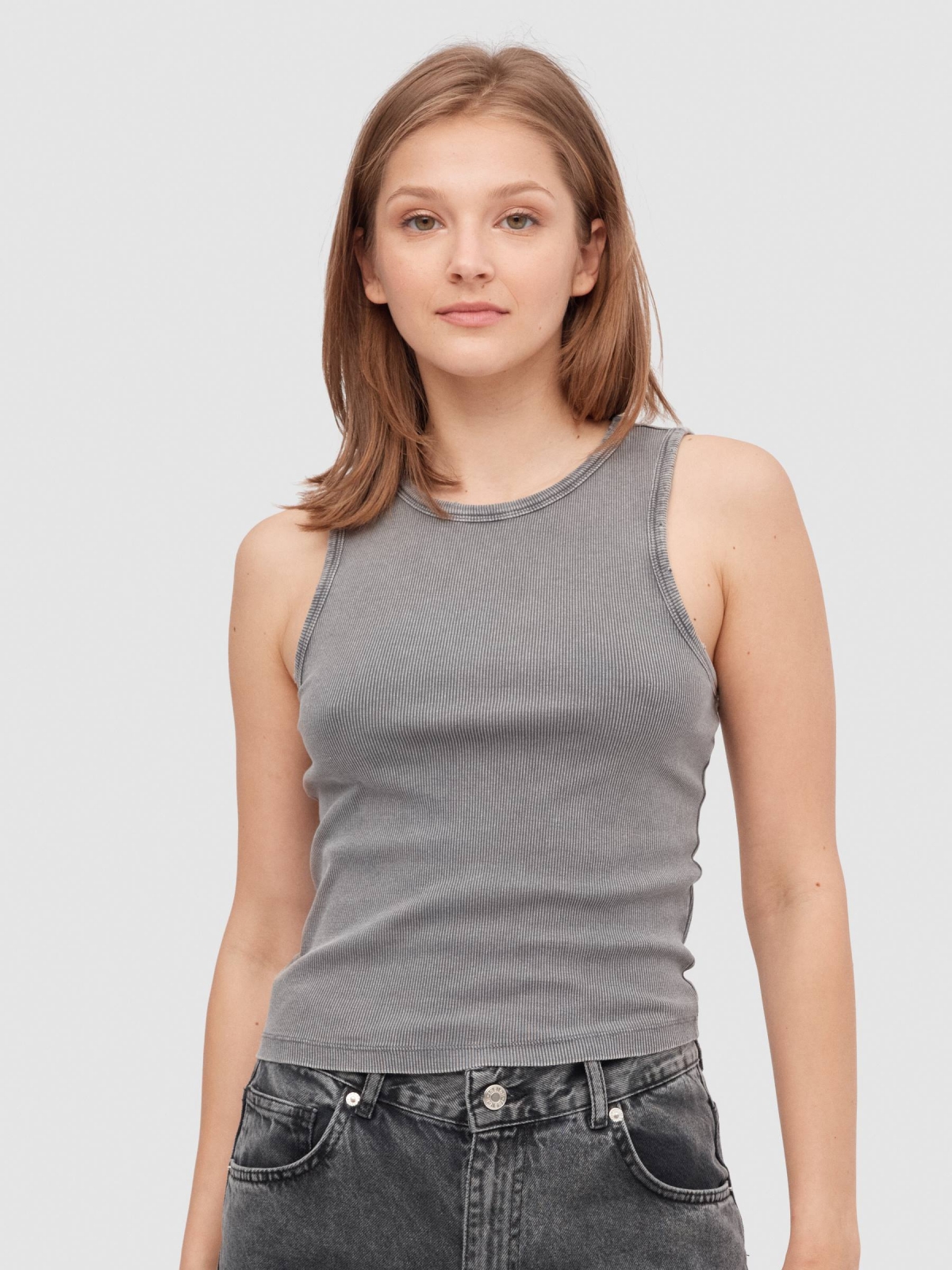 T-shirt rib washed effect grey middle front view