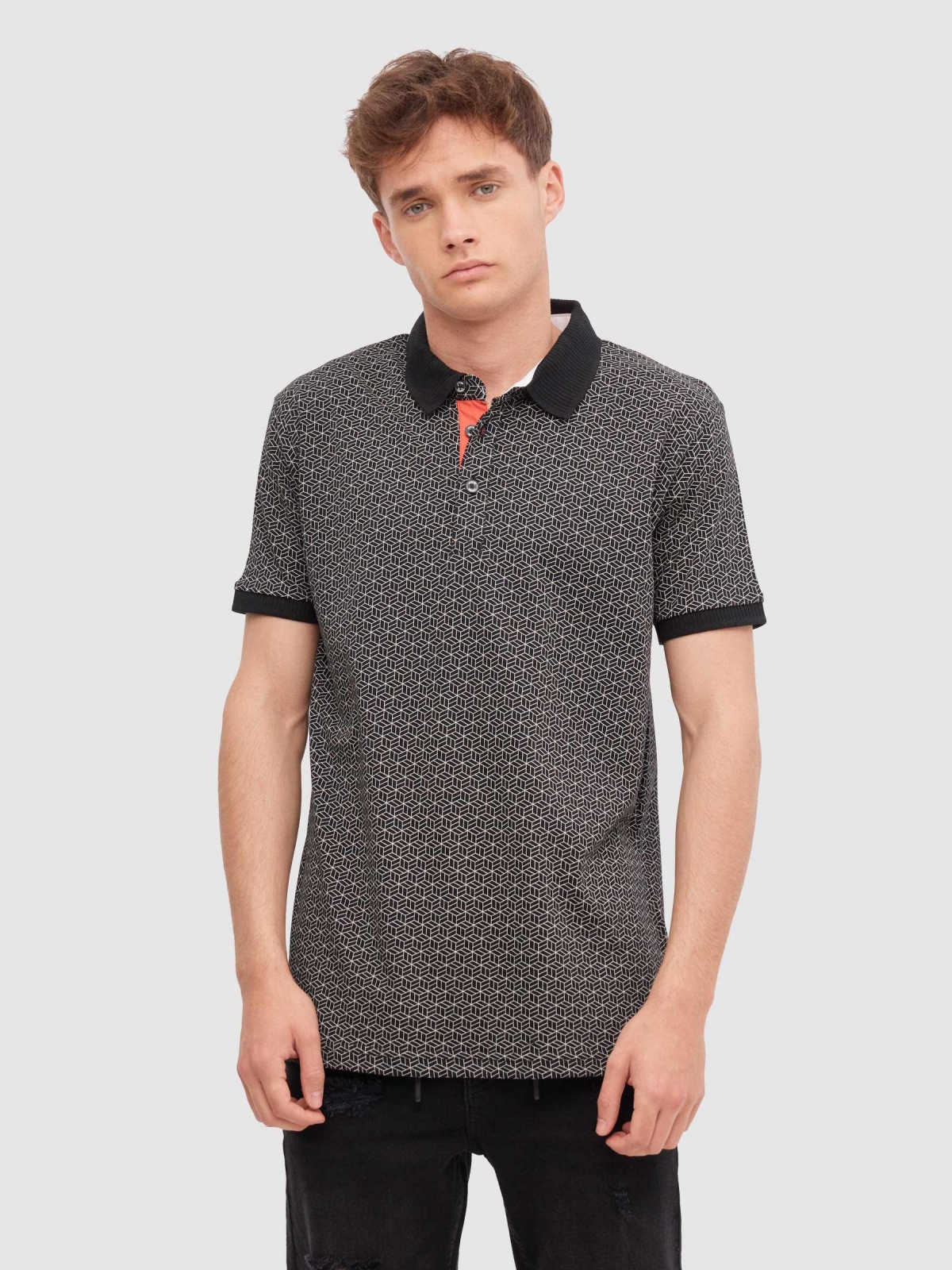Geometric print polo black middle front view