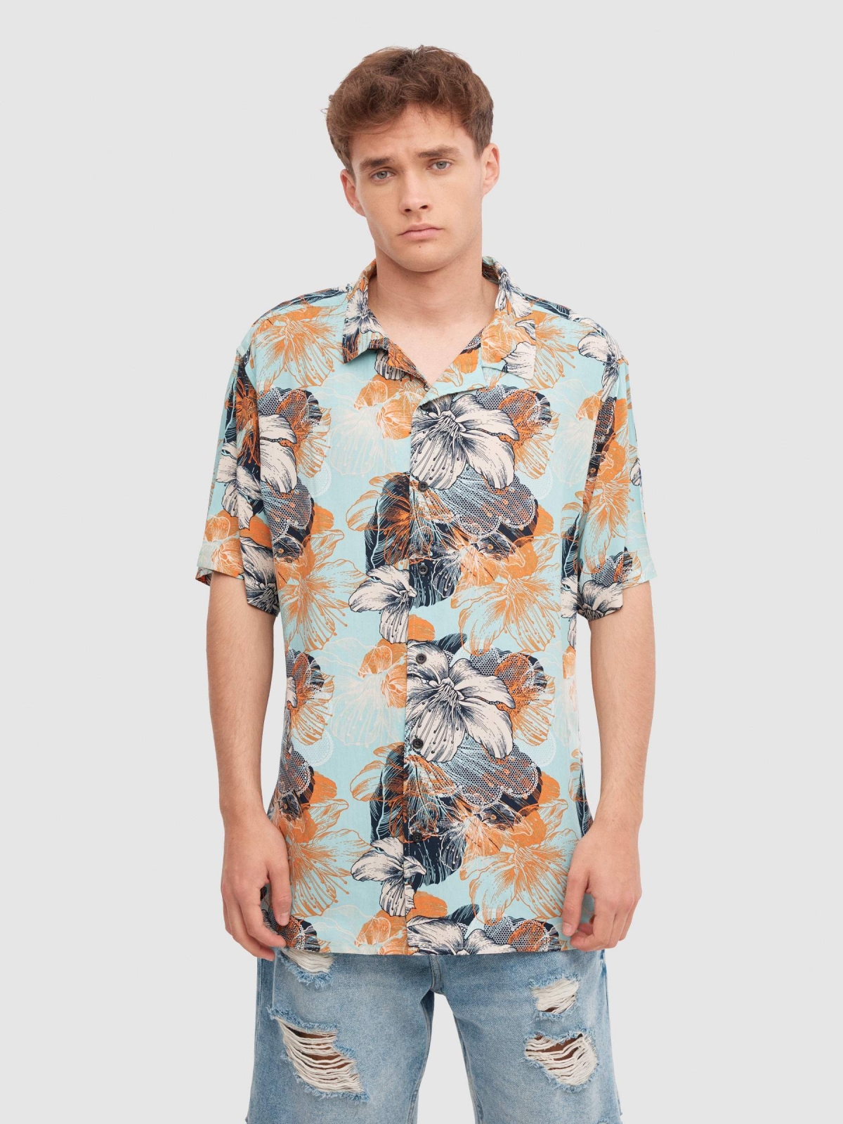 Floral shirt blue middle front view