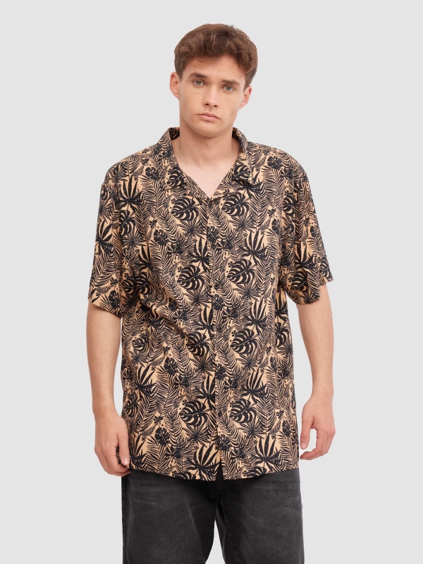 Tropical leaves shirt beige middle front view