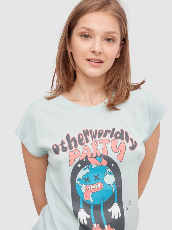 T-shirt Otherwordly Party água-marinha vista detalhe