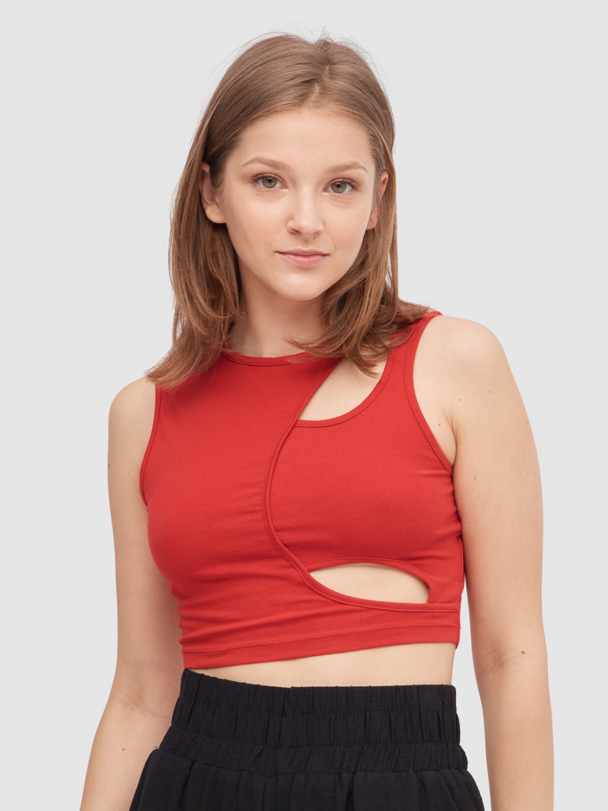 Asymmetric cut-out top red middle front view