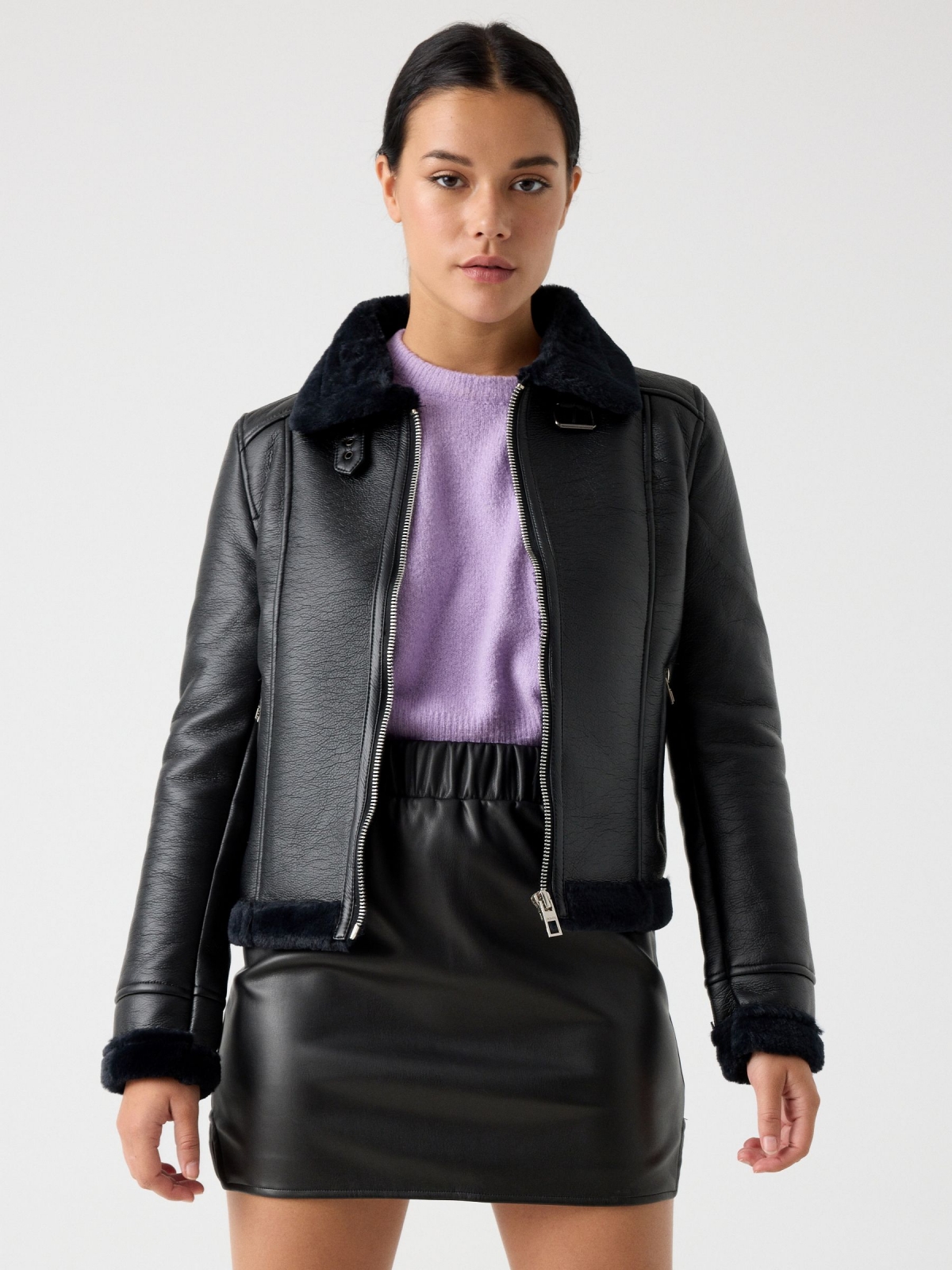 Leatherette jacket with fur black middle front view