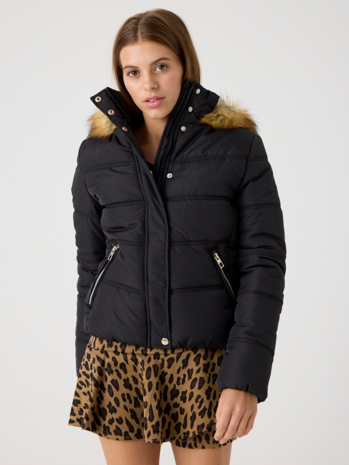 Slim fit quilted coat black middle front view