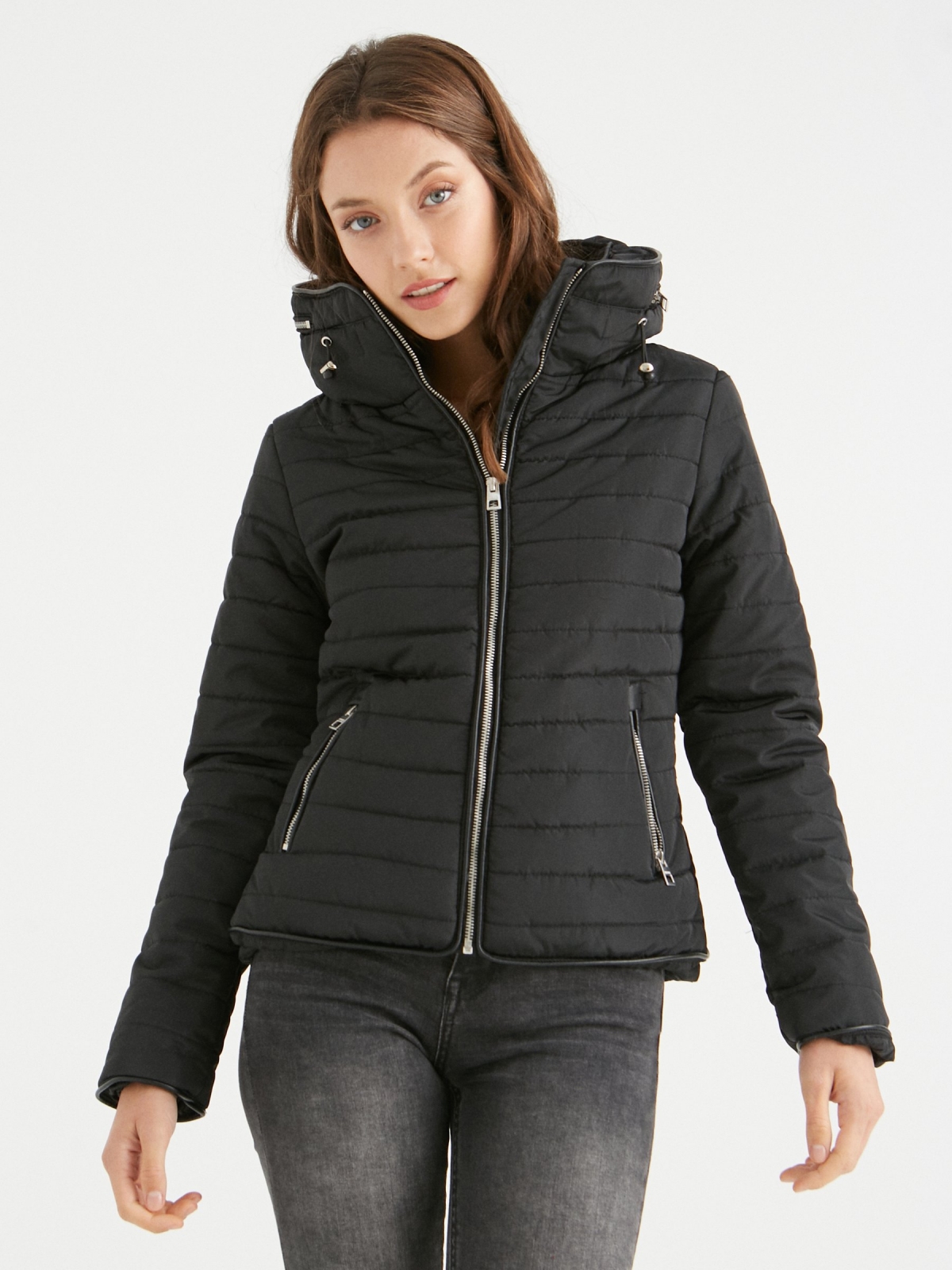 Quilted coat with hood black middle front view