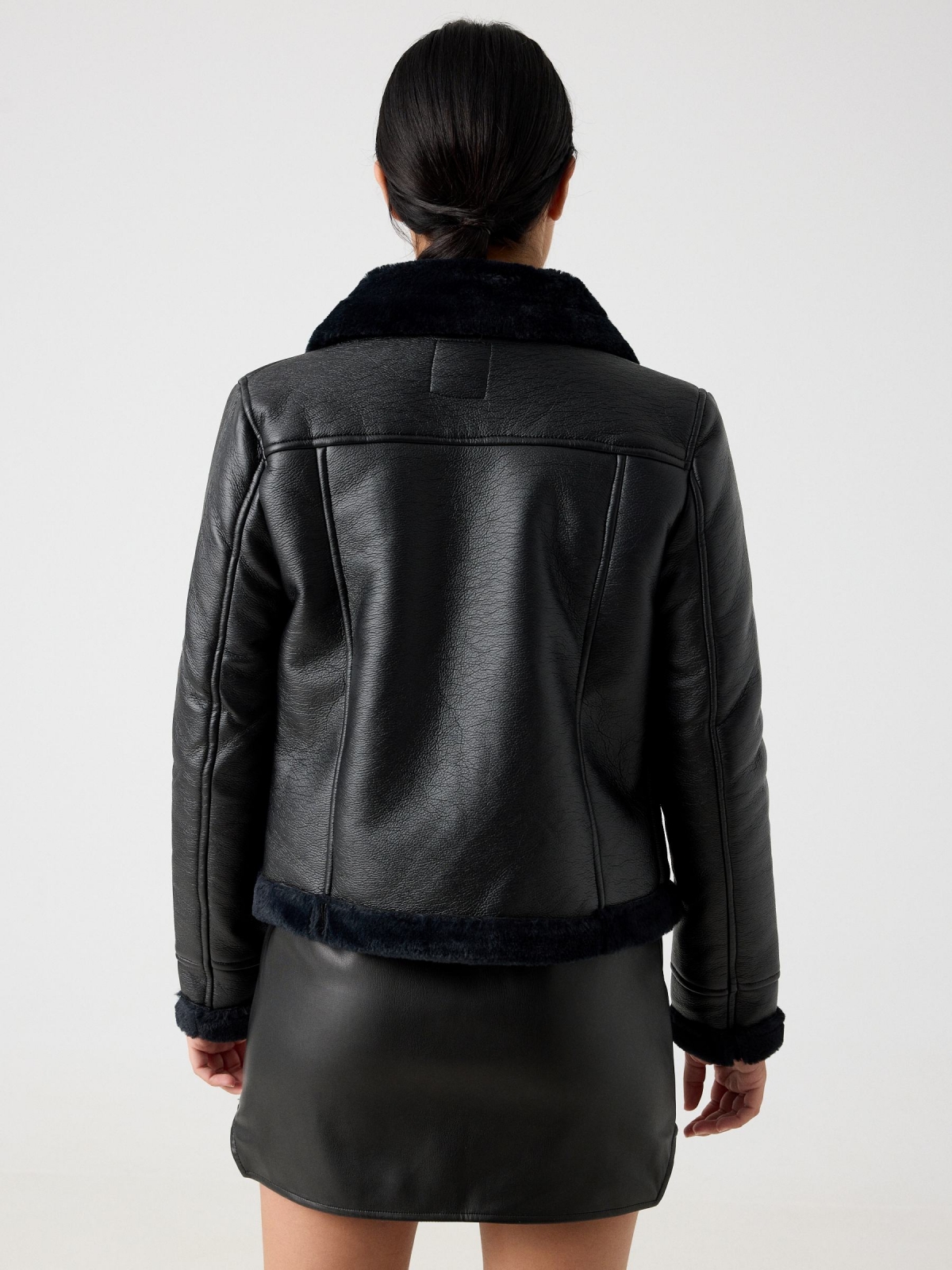 Leatherette jacket with fur black middle back view