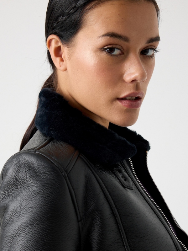 Leatherette jacket with fur black detail view