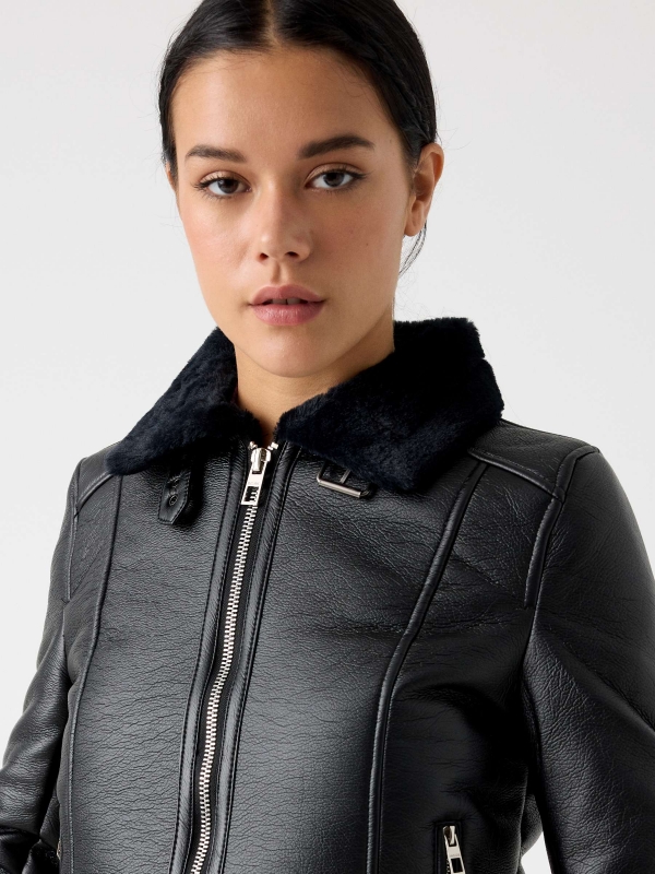 Leatherette jacket with fur black detail view