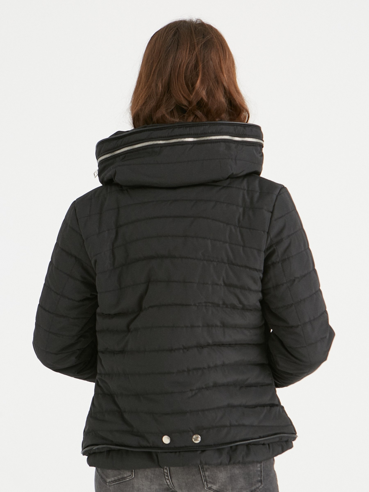 Quilted coat with hood black middle back view