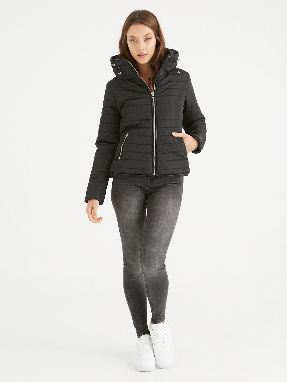 Quilted coat with hood black front view