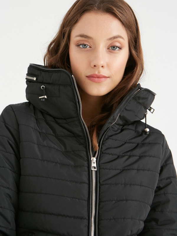 Quilted coat with hood black detail view