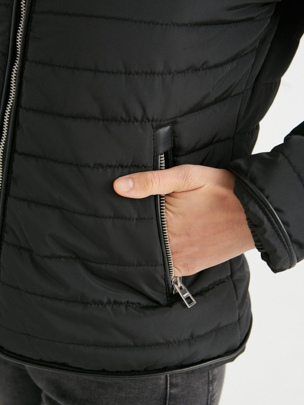 Quilted coat with hood black detail view