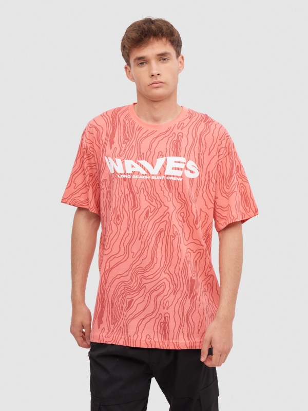 T-shirt allover waves rosa vista meia frontal