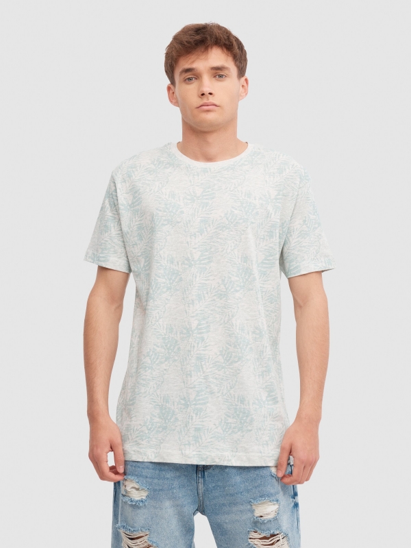 T-shirt tropical com textura melange claro vista meia frontal