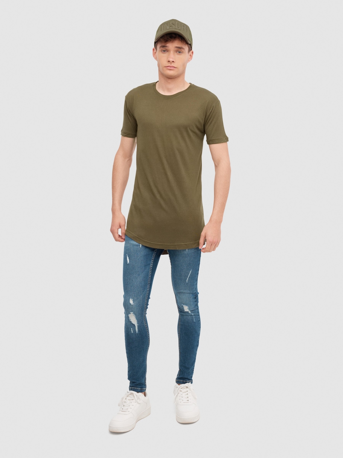 Long basic t-shirt khaki front view
