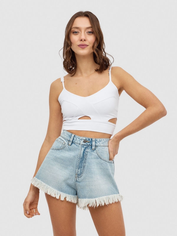 Flared denim shorts light blue middle front view