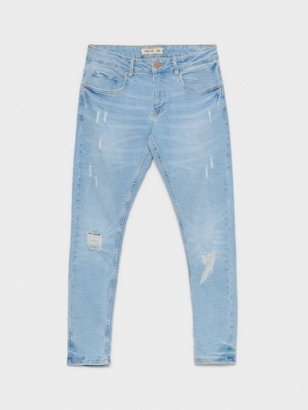  Jeans super slim lavado e rasgado azul claro