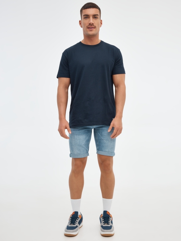 Slim bermuda shorts washed denim blue front view