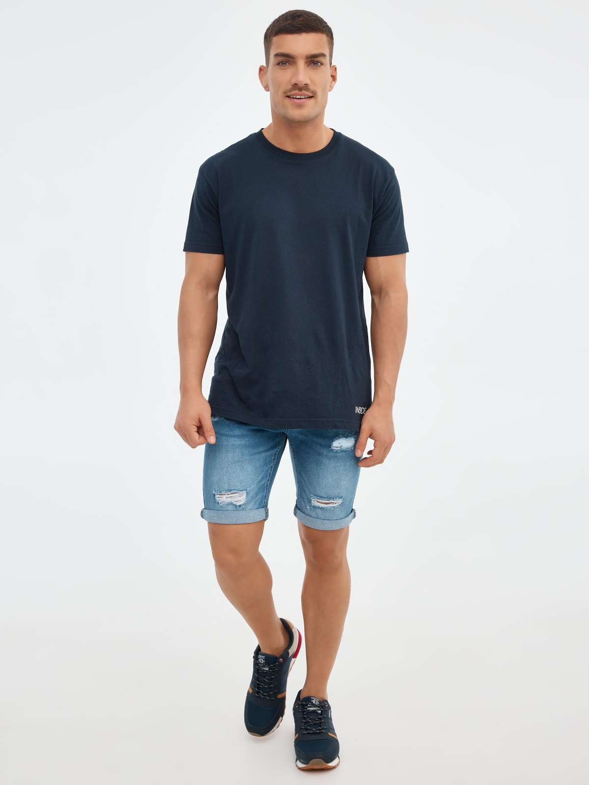 Ripped distressed denim bermuda short blue front view