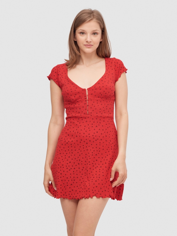 Floral ribbed mini dress red middle front view
