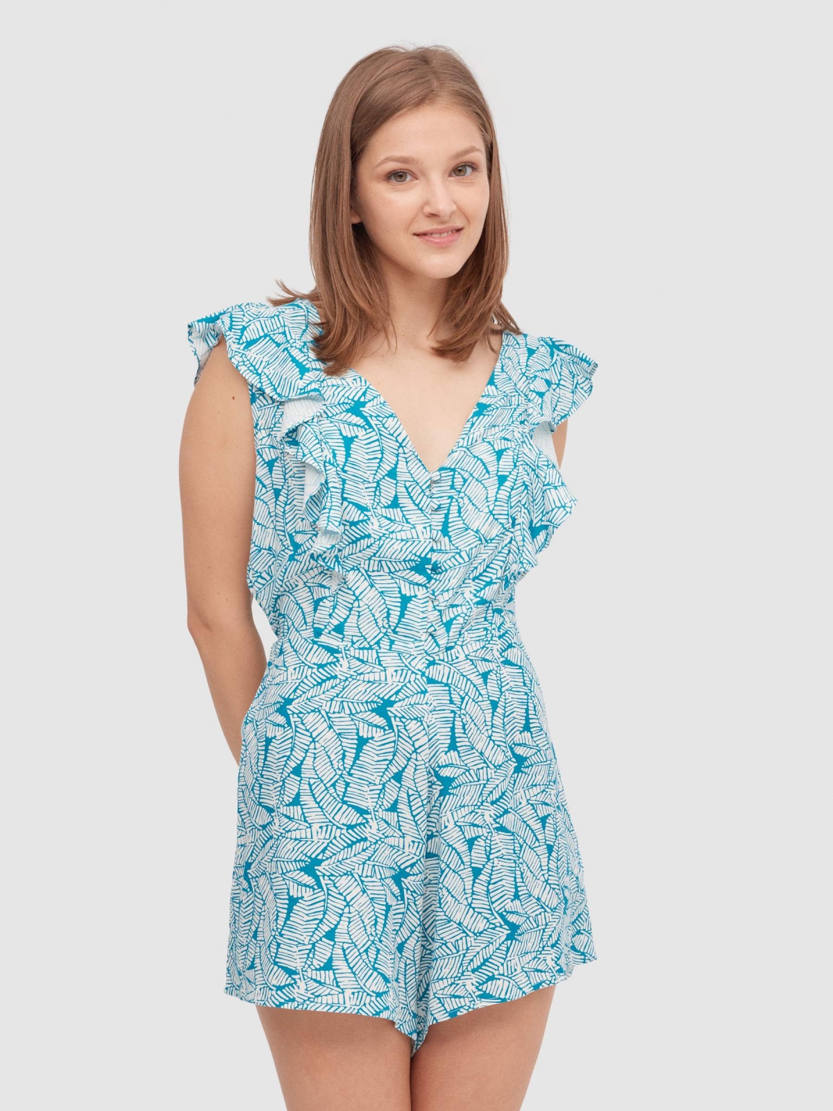Short tropical jumpsuit with ruffles blue front view