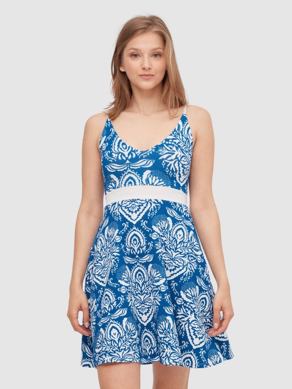 Printed flight dress blue middle front view