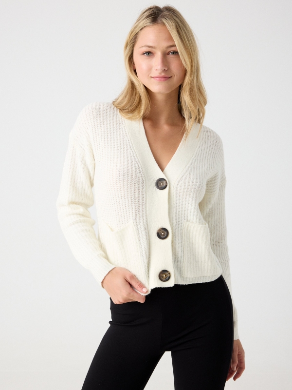 Cardigan with pockets off white middle front view