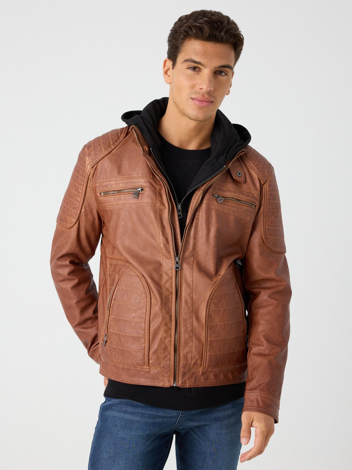 Brown leather effect jacket beige middle front view