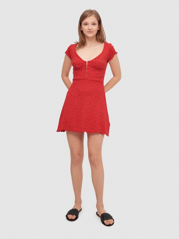 Floral ribbed mini dress red front view