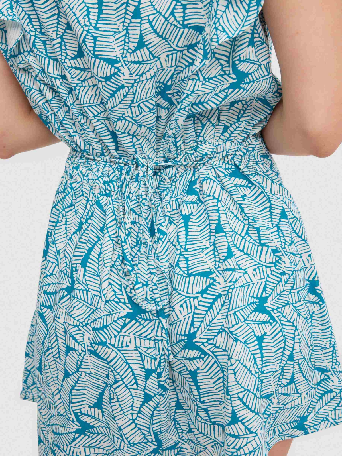 Short tropical jumpsuit with ruffles blue detail view