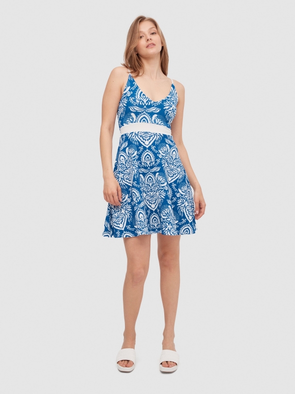 Printed flight dress blue front view