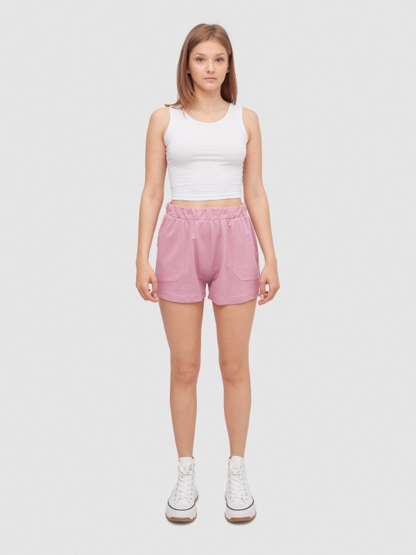 Elastic waist shorts with pockets mauve front view