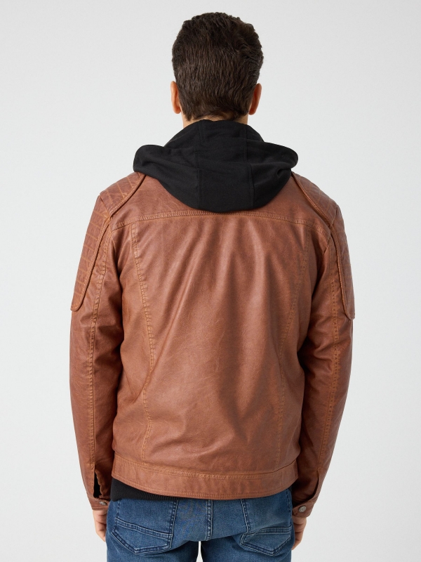 Brown leather effect jacket beige middle back view