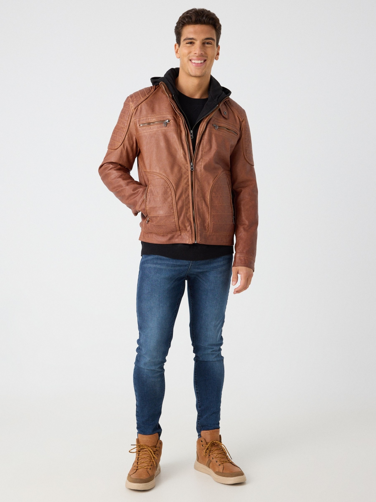 Brown leather effect jacket beige front view