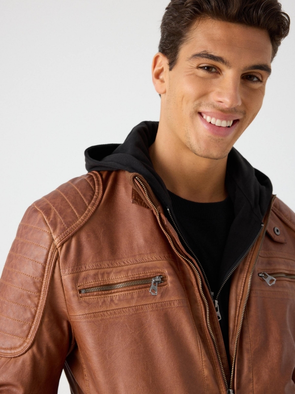 Brown leather effect jacket beige detail view