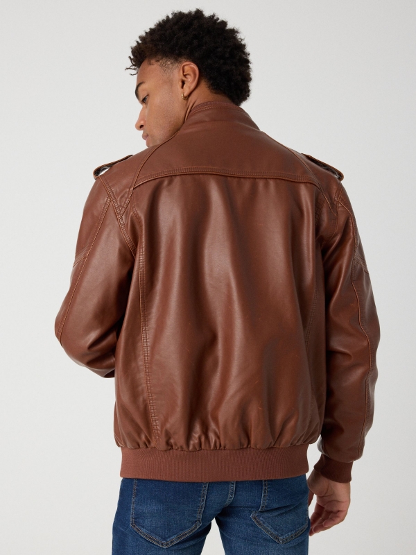 Black leather effect jacket brown middle back view