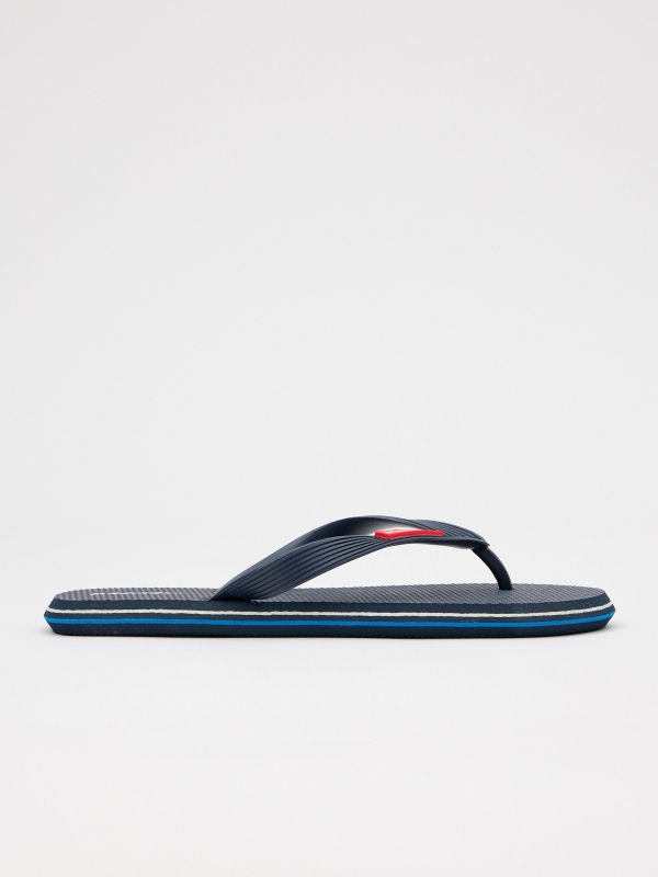 Navy blue flip flops with engraved strips navy lateral view