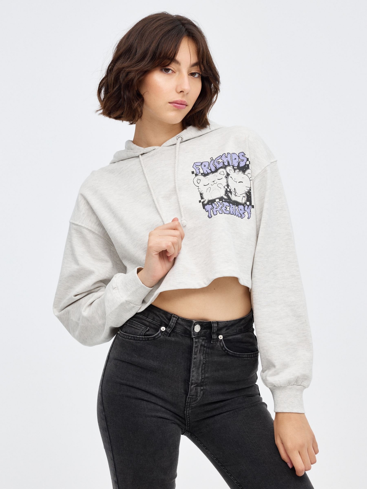 Friends Therapy crop sweatshirt light grey vigore middle front view